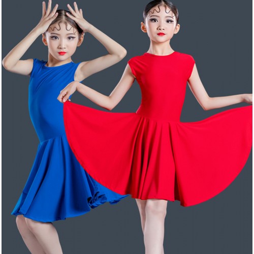 Girls kids pink red royal blue yellow competition latin dance dresses for children ballroom performance outfits for girls 